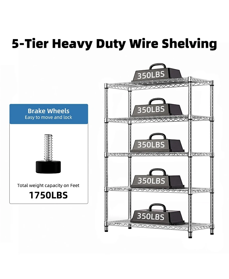 Rainsken 5-Tier Utility Shelving Unit, Steel Storage Organizer Wire Rack for Garage, Home