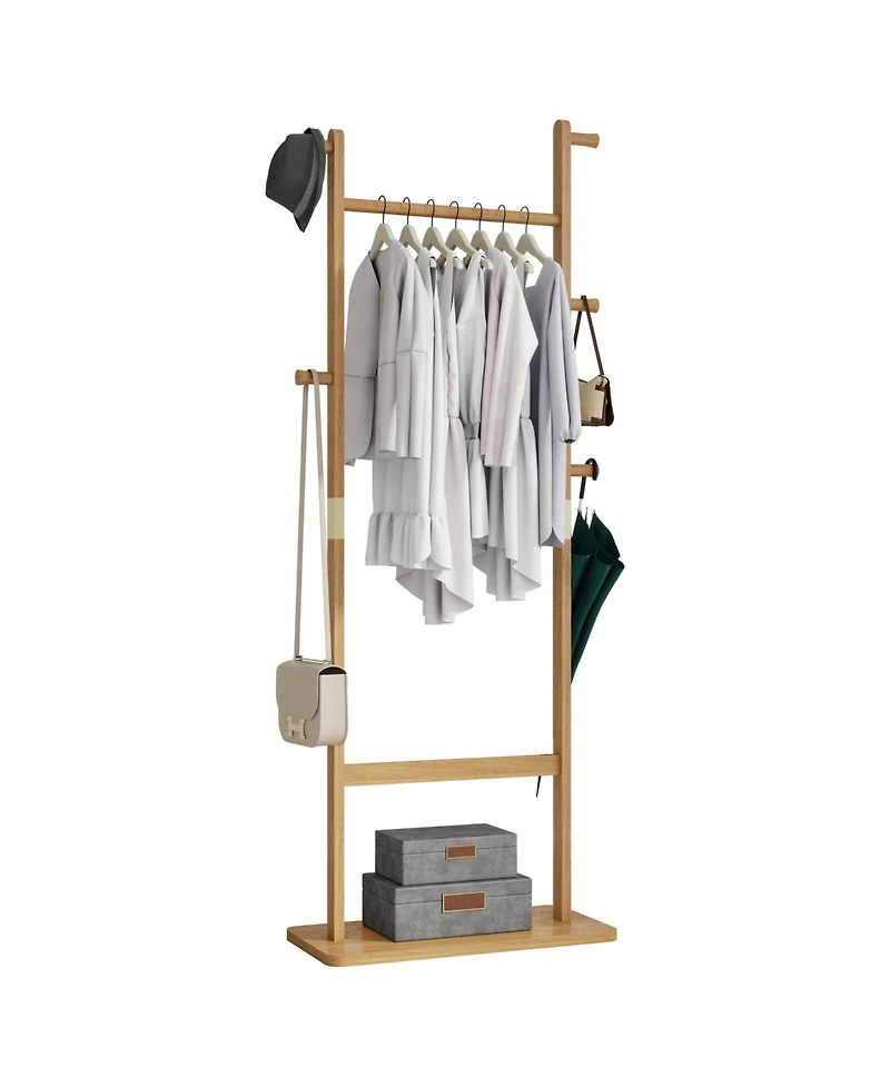 Rainsken Solid Wood Coat Rack, Freestanding Clothes Organizer with Hanging Rod, Hooks, Storage Stand for Coats and Bags, Perfect for Entryway