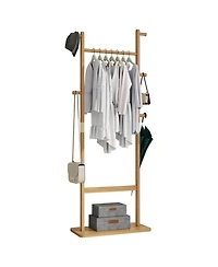 Rainsken Solid Wood Coat Rack, Freestanding Clothes Organizer with Hanging Rod, Hooks, Storage Stand for Coats and Bags, Perfect for Entryway