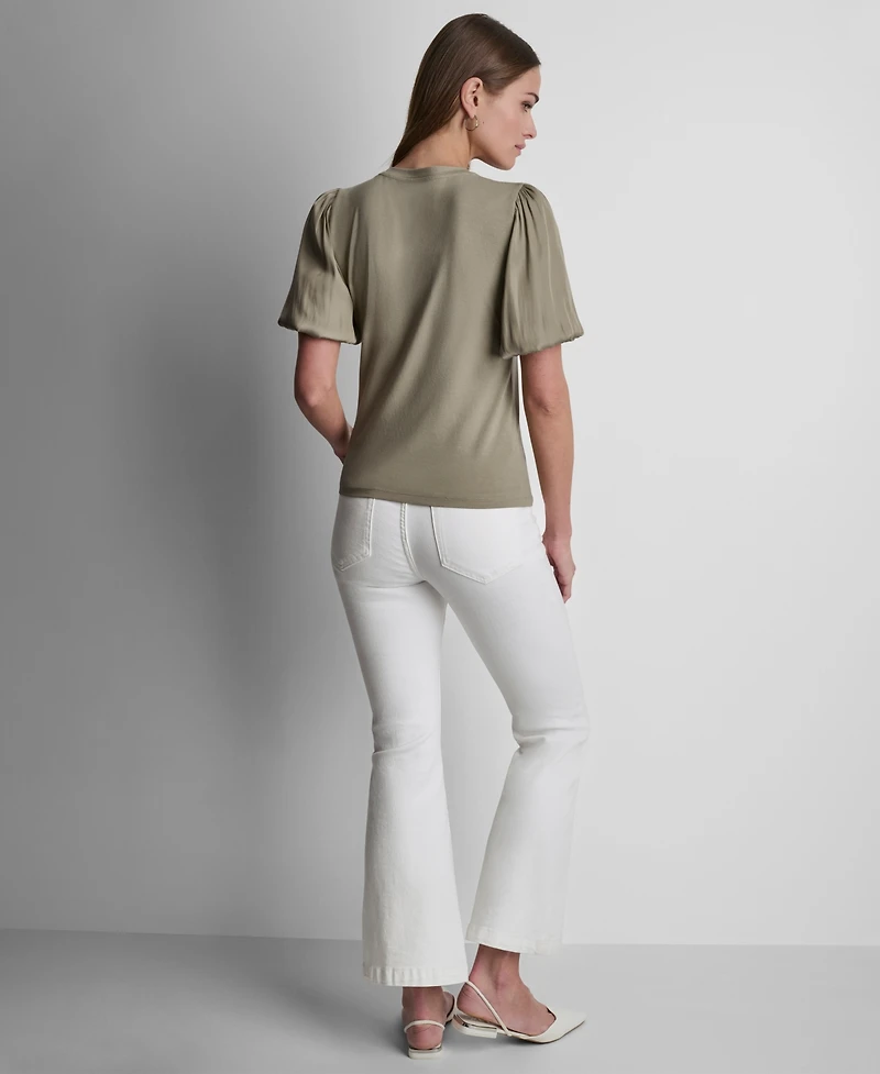 Dkny Women's Puffed Crewneck Mix Media Knit Top