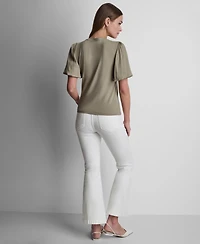 Dkny Women's Puffed Crewneck Mix Media Knit Top