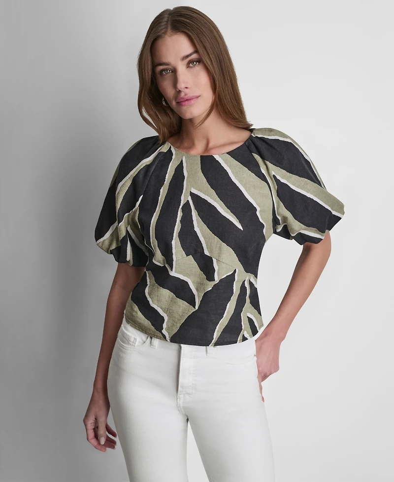 Dkny Women's Printed Scoop-Neck Short-Puff-Sleeve Top