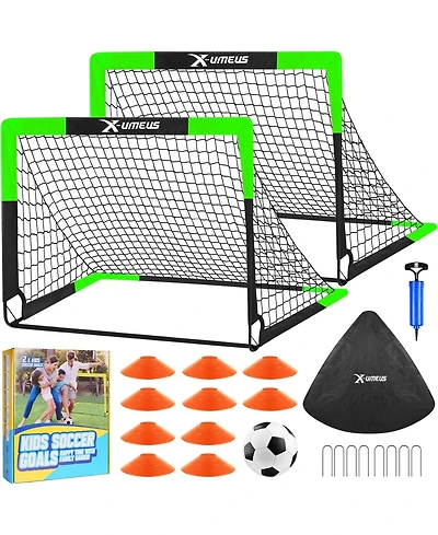 Set of 2 Kids 4x3ft Soccer Goals with Ball, Cones & Pop-Up Nets – Backyard Training Equipment for Ages 3-12, Outdoor Sports Gifts