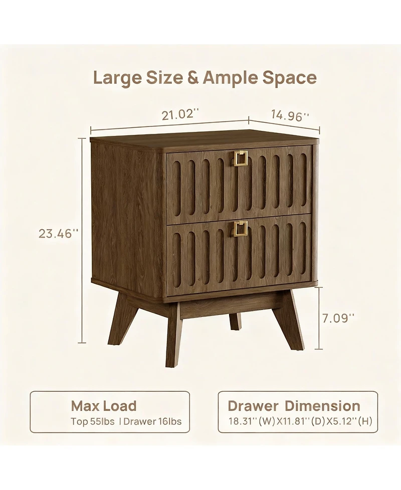 Yigii Modern Fluted Nightstand with 2 Drawers - Stylish Storage for Bedrooms