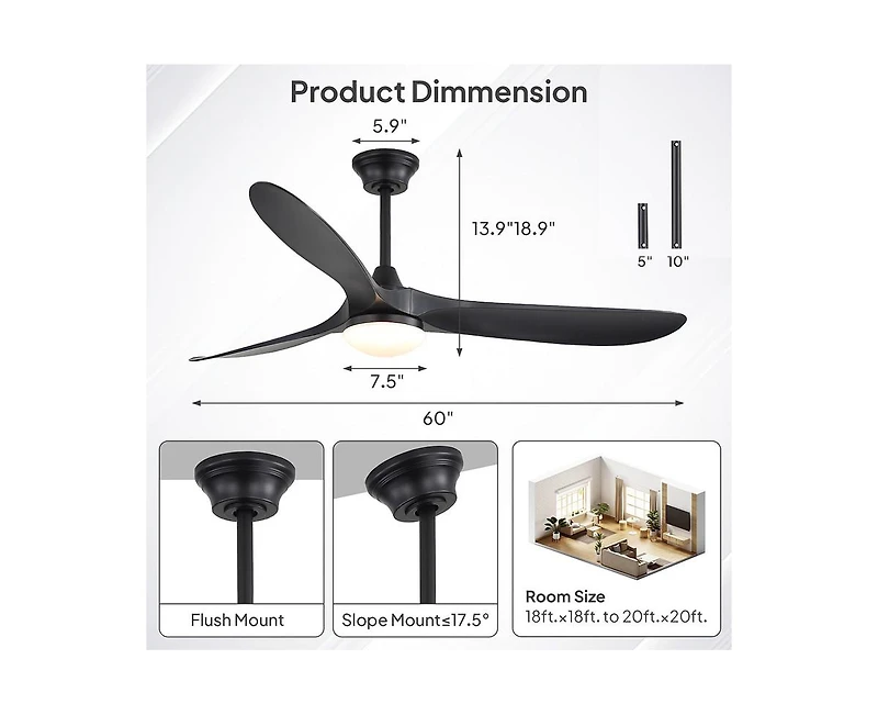 Sofucor 60-inch Modern Black 3-blade Ceiling Fan Light With Remote Control Supports Mobile Phone Connection And Voice Function
