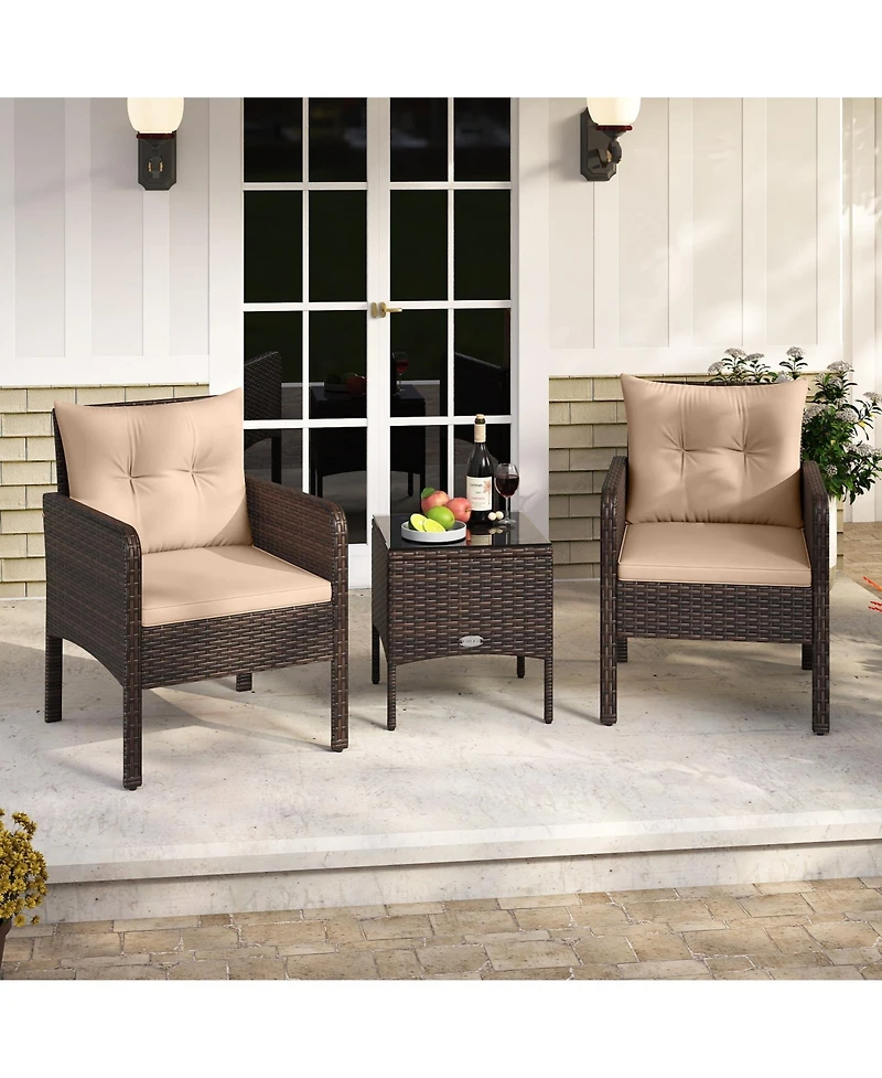 Gymax Set of 3 Outdoor Patio Pe Wicker Furniture Set w/Cushions and Tempered Glass Coffee Table