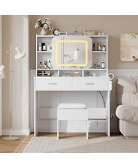 gaomon Vanity Desk with Sliding Mirror - Makeup Desk and Stool with Lights in 3 Colors - Girls Vanity Table with Charging Station