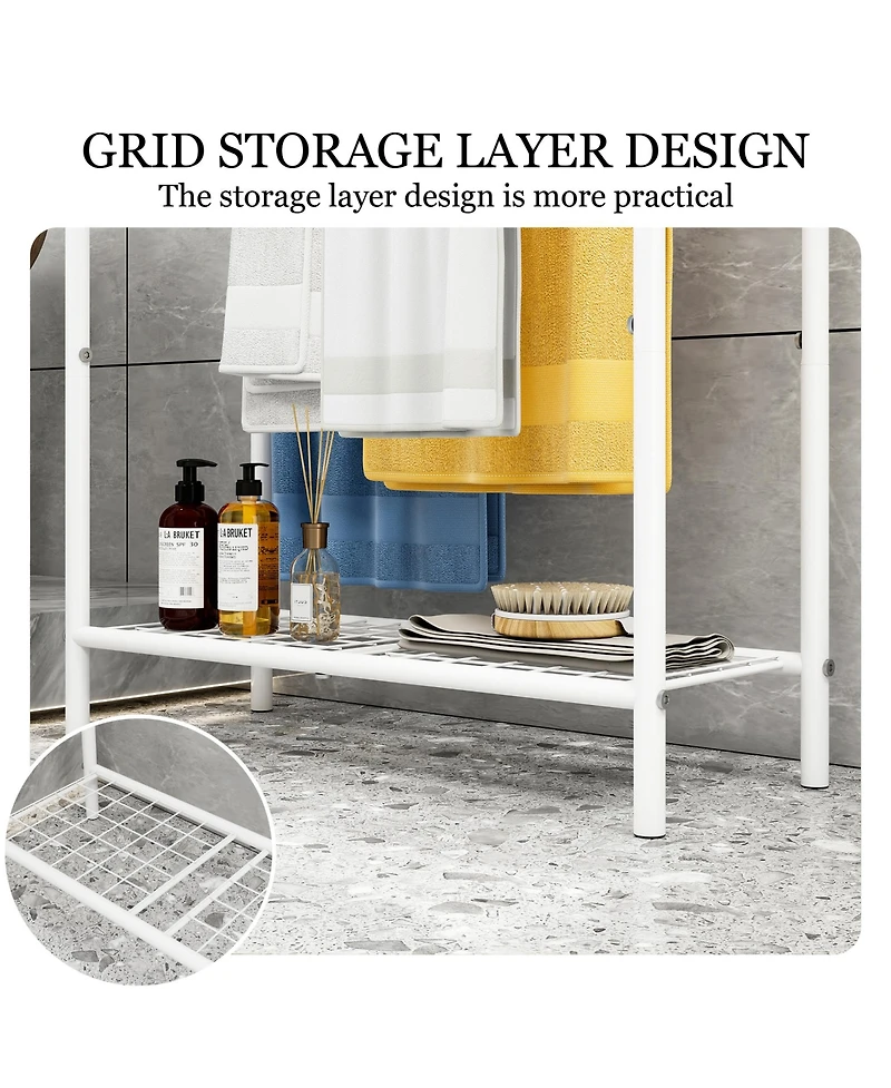 Rainsken 3 Tier Metal Towel Rack, Freestanding Towel Holder with Mesh Shelf, Display Rack for Bedroom, Bathroom
