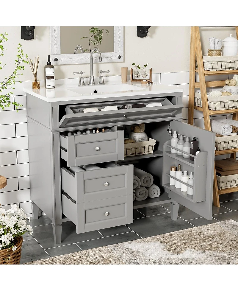 Sillysis 36" Modern Bathroom Vanity with Sink, Solid Wood Cabinet, Soft Close Drawers & Tip-Out Storage