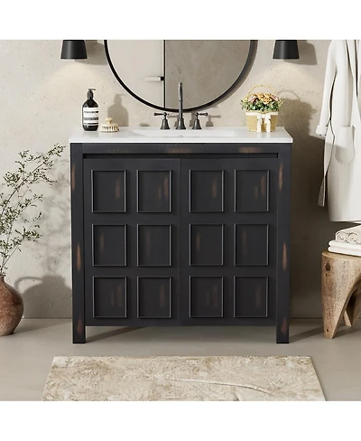 Sillysis 36" Antique Bathroom Vanity with Ceramic Sink, Solid Wood Frame & Soft Close Doors, Spacious Storage Cabinet for Modern Bathrooms