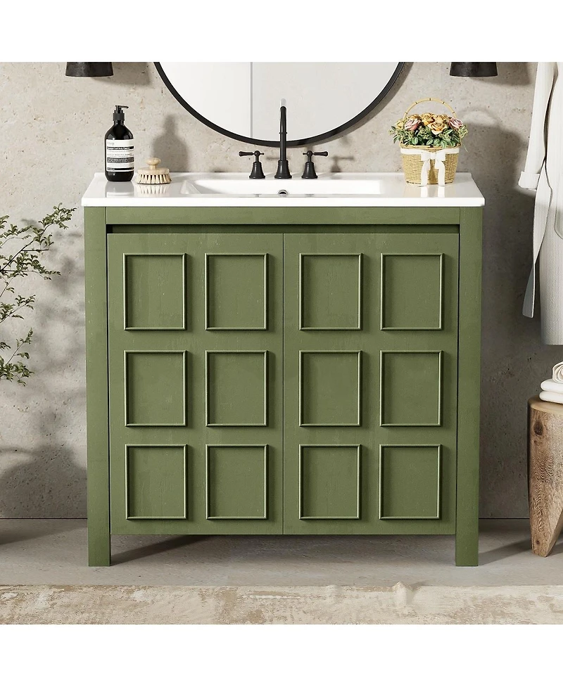 Sillysis 36" Retro Bathroom Vanity with Ceramic Sink, Solid Wood Frame and Soft Close Doors, Spacious Storage Cabinet for Modern Bathrooms.
