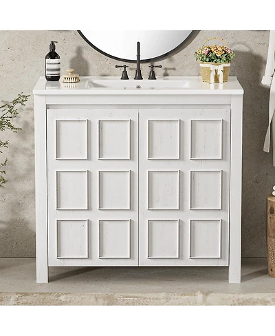 Sillysis 36" Retro Bathroom Vanity with Ceramic Sink, Solid Wood Frame and Soft Close Doors, Spacious Storage Cabinet for Modern Bathrooms.