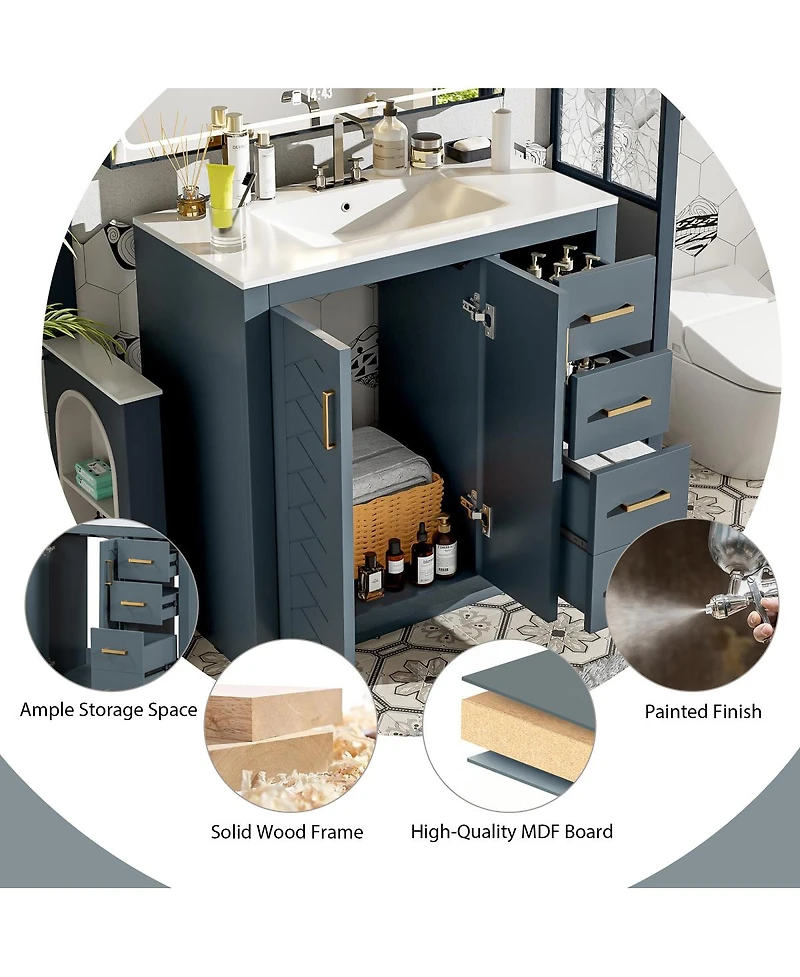 Sillysis 36" Bathroom Vanity with Ceramic Sink, Modern Solid Wood Cabinet & Ample Storage Drawers for Small Spaces