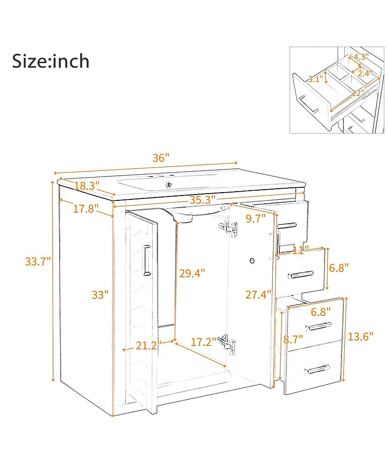 Sillysis 36" Bathroom Vanity with Ceramic Sink, Modern Solid Wood Cabinet & Ample Storage Drawers for Small Spaces