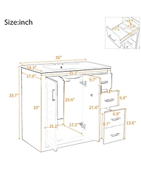 Sillysis 36" Bathroom Vanity with Ceramic Sink, Modern Solid Wood Cabinet & Ample Storage Drawers for Small Spaces