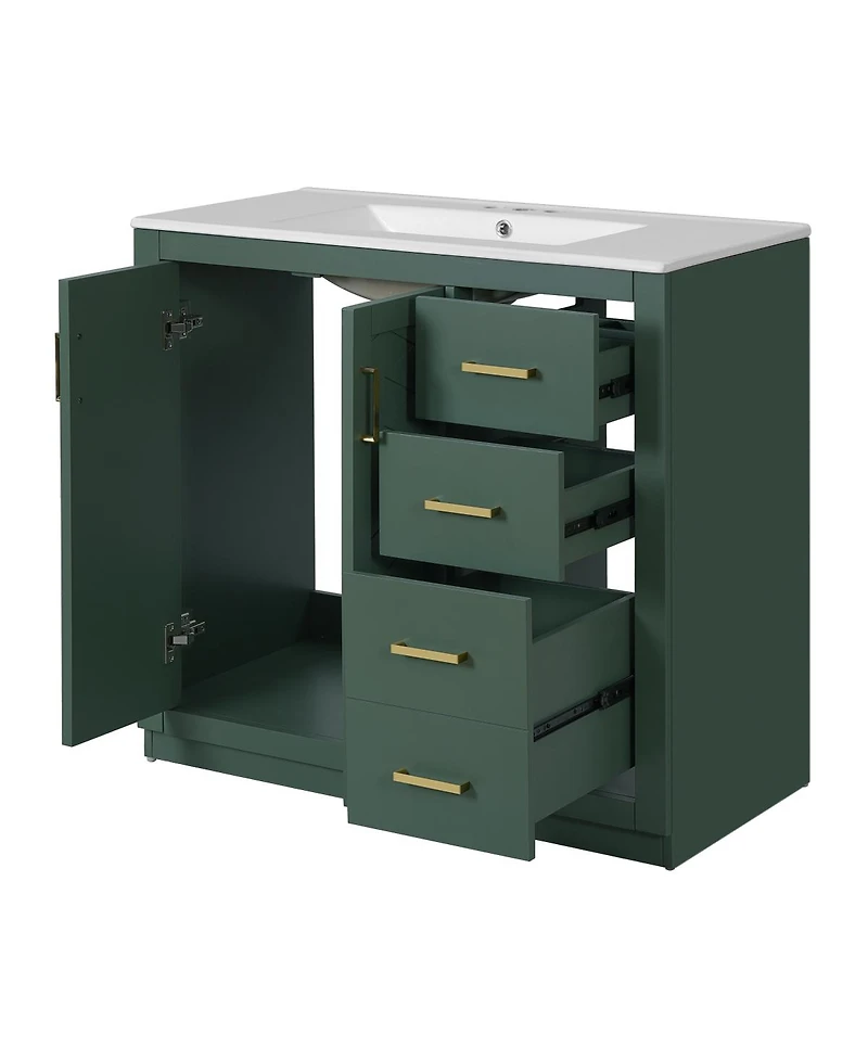 Sillysis 36" Bathroom Vanity with Ceramic Sink, Modern Solid Wood Cabinet & Ample Storage Drawers for Small Spaces
