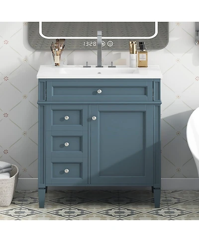 Sillysis Bathroom Vanity with Ceramic Sink, Solid Wood Cabinet, Ample Storage Drawers Adjustable Shelf for Small
