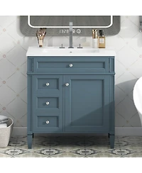 Sillysis Bathroom Vanity with Ceramic Sink, Solid Wood Cabinet, Ample Storage Drawers Adjustable Shelf for Small