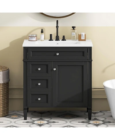 Sillysis 30" Modern Bathroom Vanity with Ceramic Sink, Solid Wood Cabinet, Ample Storage Drawers & Adjustable Shelf for Small Spaces