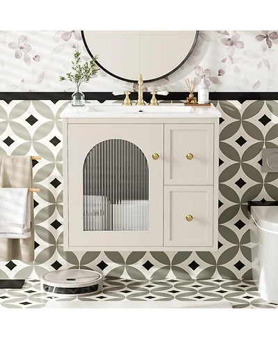 Sillysis 24" Wall Mount Bathroom Vanity with Glass Door, Ceramic Sink & 2 Drawers, Space Saving Storage for Small Bathrooms