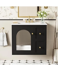 Sillysis 24" Wall Mount Bathroom Vanity with Glass Door, Ceramic Sink & 2 Drawers, Space Saving Storage for Small Bathrooms-Sillysis