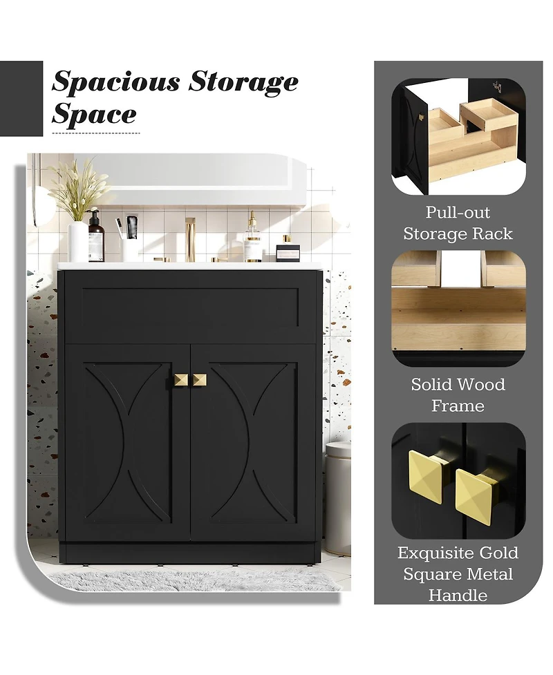 Sillysis 30" Modern Bathroom Vanity with Ceramic Sink, Retractable Rack & Large Storage Cabinet for Small Spaces