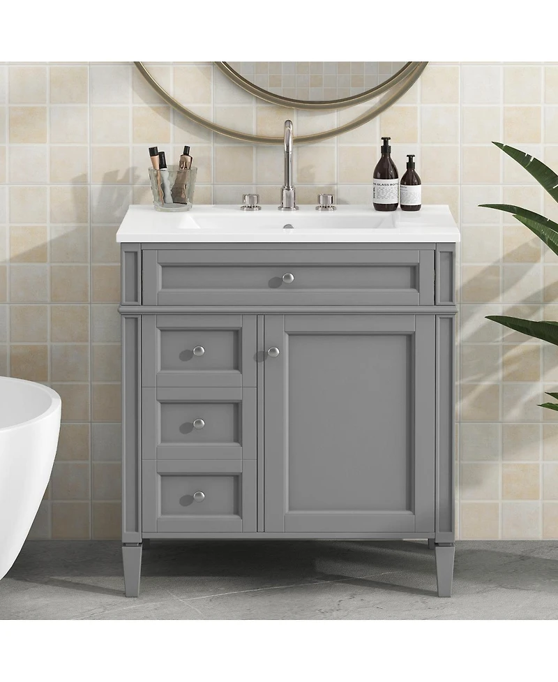 Sillysis Bathroom Vanity with Ceramic Sink, Solid Wood Cabinet, Ample Storage Drawers Adjustable Shelf for Small