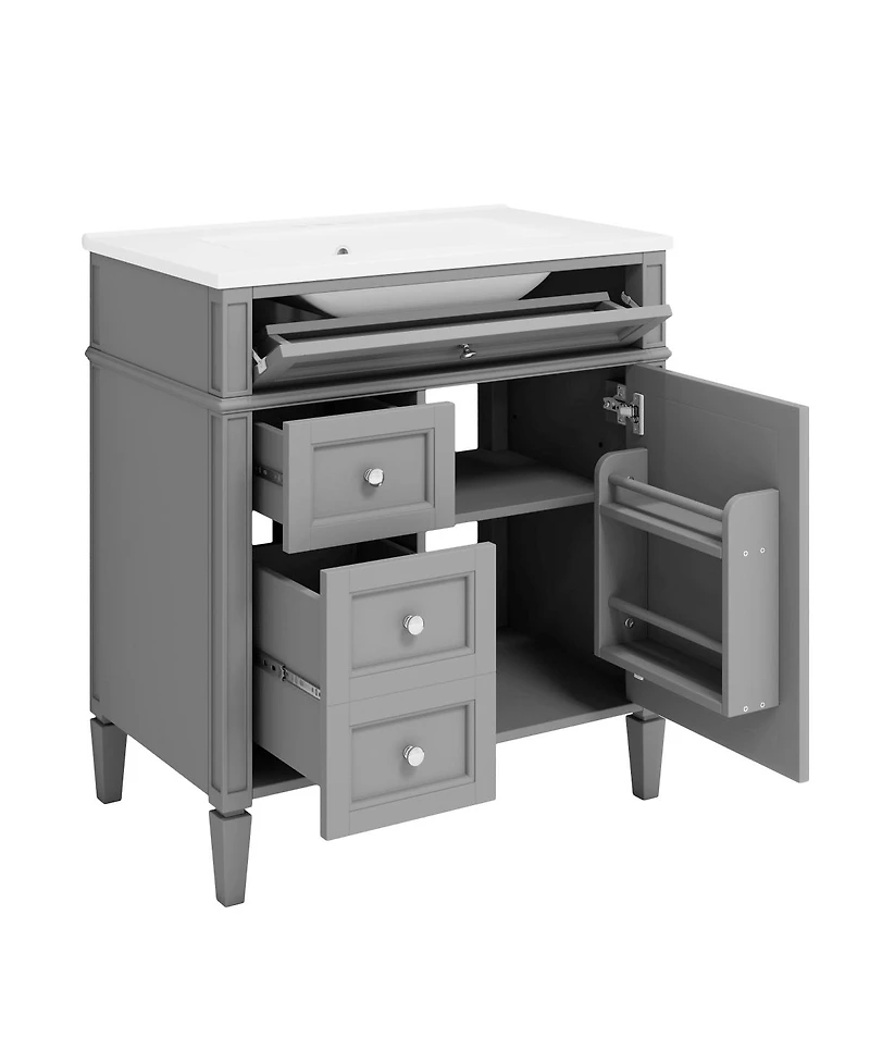 Sillysis Bathroom Vanity with Ceramic Sink, Solid Wood Cabinet, Ample Storage Drawers Adjustable Shelf for Small