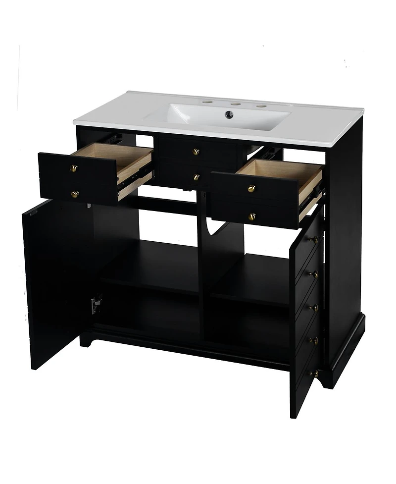 Sillysis 36" Bathroom Vanity with Ceramic Sink, Solid Wood Cabinet, 2 Drawers Doors Soft Close Storage for Small Bathrooms