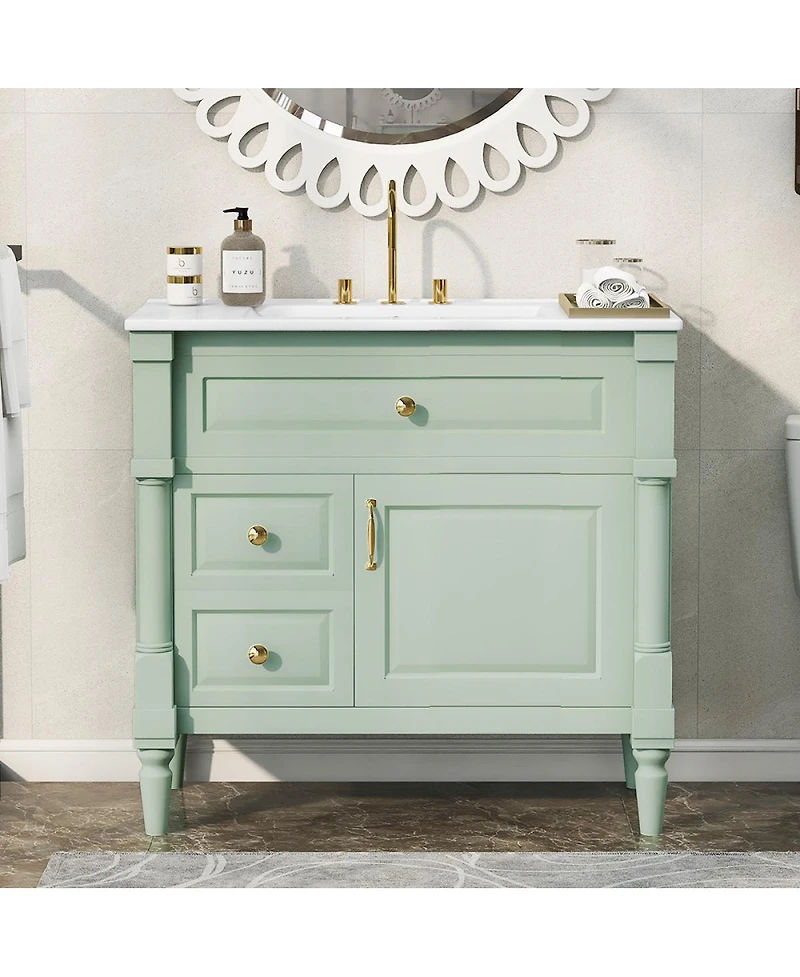 Sillysis 36" Bathroom Vanity with Sink, Solid Wood Cabinet Flip Drawer and Adjustable Shelf, Freestanding Modern Storage