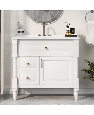 Sillysis 36" Bathroom Vanity with Sink, Solid Wood Cabinet Flip Drawer and Adjustable Shelf, Freestanding Modern Storage