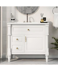 Sillysis 36" Bathroom Vanity with Sink, Solid Wood Cabinet Flip Drawer and Adjustable Shelf, Freestanding Modern Storage
