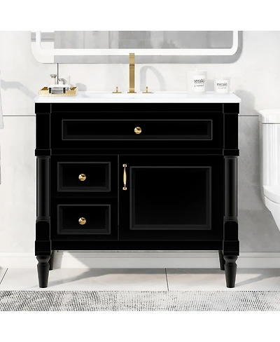 Sillysis 36" Bathroom Vanity with Sink, Solid Wood Cabinet Flip Drawer and Adjustable Shelf, Freestanding Modern Storage