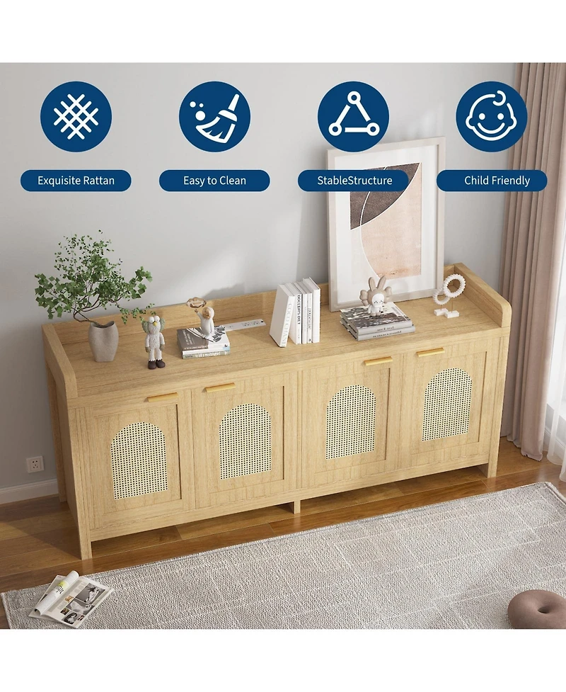 gaomon Natural Rattan Tv Stand for 65 Inch Tv, Modern Entertainment Center with Glass Doors & Cabinet, 61.5 Inch Console Table