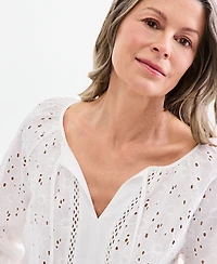 Style & Co Women's Cotton Eyelet Split Neck Long-Sleeve Top, Macy's Exclusive