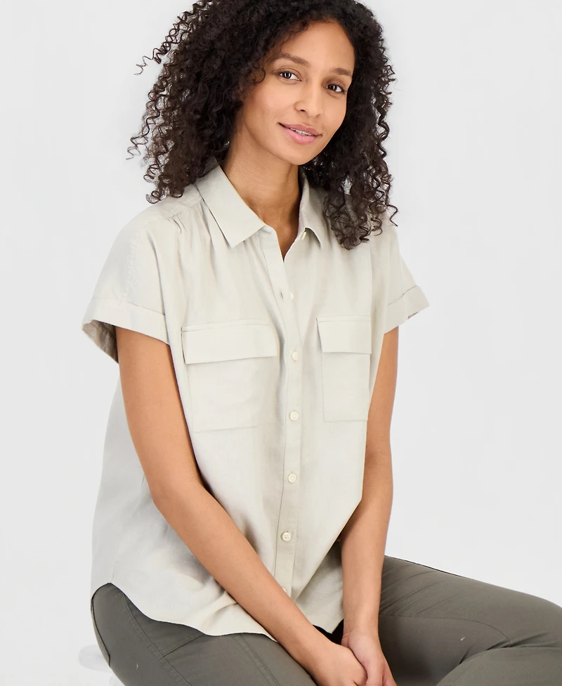 Style & Co Women's Linen Blend Short Sleeve Button-Front Shirt, Macy's Exclusive