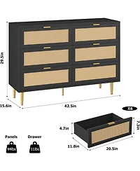 gaomon Rattan 6 Drawer Dresser for Bedroom, Modern Chest of Drawers with Gold Legs and Handles, Wide Double Large Tabletop