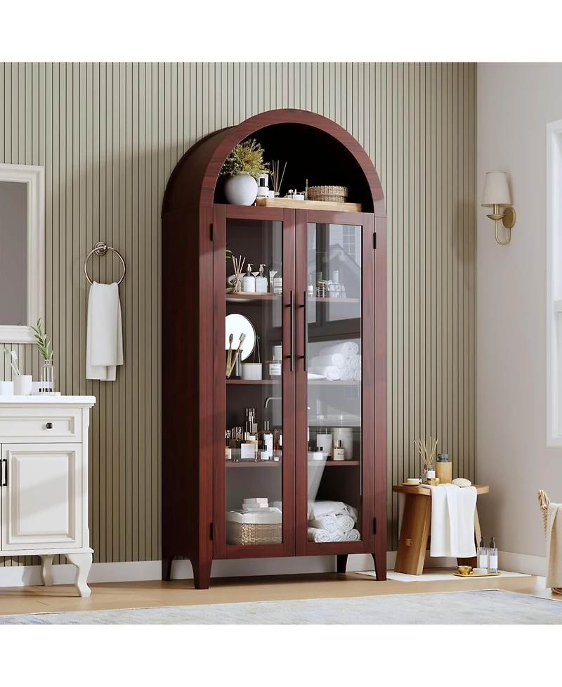 gaomon Arched Kitchen Pantry Storage Cabinet - Farmhouse 5 Tier Display Shelf with Adjustable and 2 Large Glass Doors