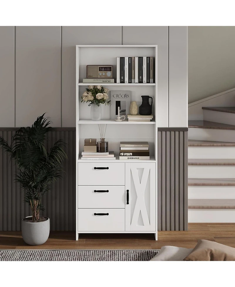 gaomon 6-Tier Bookshelf with Door and 3 Drawers, 71" Tall Bookcase with 3-Tier Open Shelves