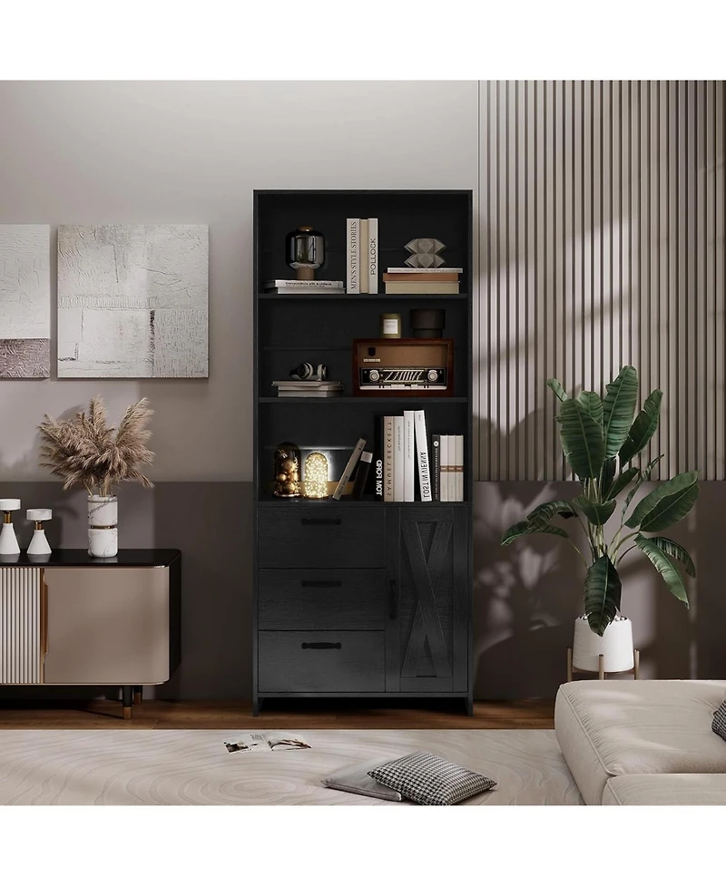 gaomon 6-Tier Bookshelf with Door and 3 Drawers, 71" Tall Bookcase 3-Tier Open Shelves