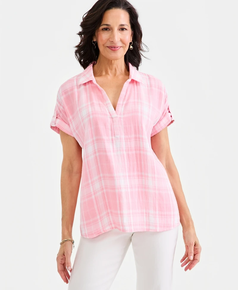 Style & Co Women's Cotton Gauze Plaid Collared Popover Top, Macy's Exclusive