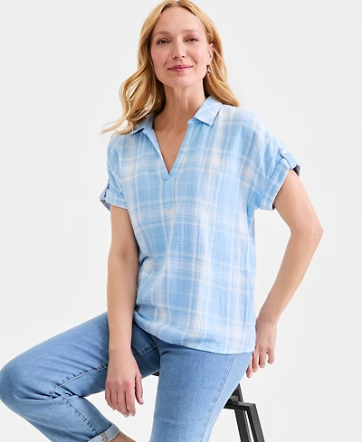 Style & Co Women's Cotton Gauze Plaid Collared Popover Top, Macy's Exclusive