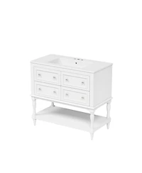 Sillysis 36" Modern Bathroom Vanity with Ceramic Sink, Freestanding Solid Wood Cabinet, 4 Drawers & Storage Shelf