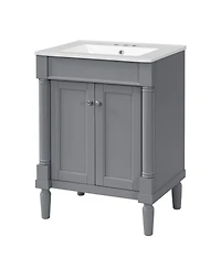 Sillysis 24" Bathroom Vanity with Ceramic Sink, Modern Solid Wood Cabinet & Ample Storage for Small Spaces