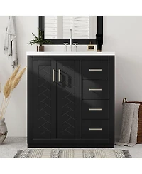 Sillysis 30" Bathroom Vanity with Ceramic Sink, 3 Drawers & Soft Close Doors, Solid Wood Cabinet for Ample Storage