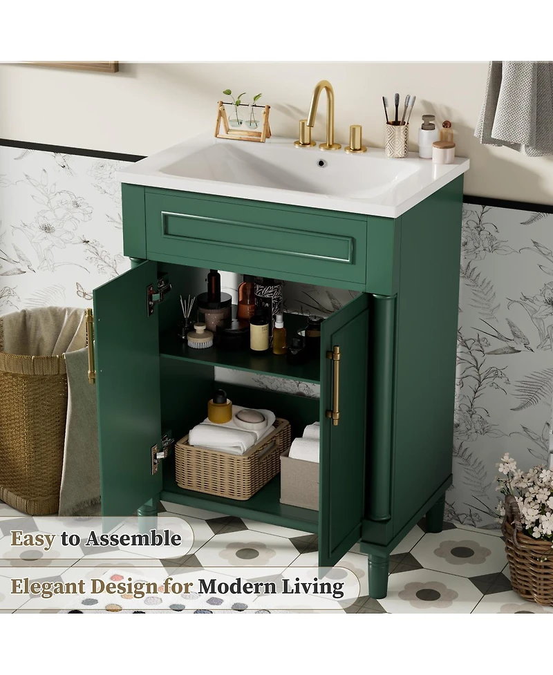 Sillysis 24" Bathroom Vanity with Curved Ceramic Sink, Adjustable Shelf 2-Door Storage for Small Modern Bathrooms