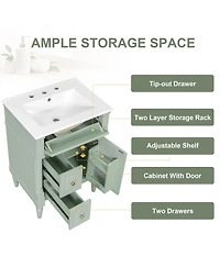 Sillysis 24" Bathroom Vanity with Sink, Solid Wood Cabinet with Flip Drawer and Adjustable Shelf, Freestanding Modern Storage for Small Spaces