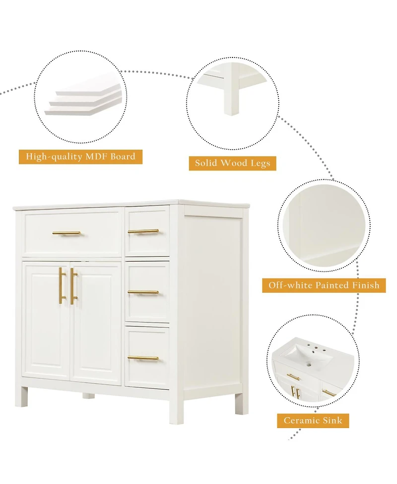 Sillysis 36" Bathroom Vanity with Left Ceramic Sink, Solid Wood & Mdf Cabinet, Ample Storage Drawers, Modern Freestanding