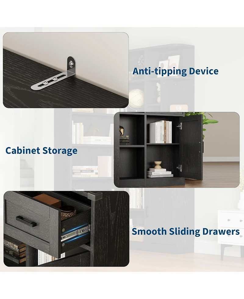 gaomon 74'' Tall Corner Bookshelf - 6-Tier Book Shelf with Drawer and Cabinets, l-Shaped Bookcase Open Storage Shelves Modern Display for Home