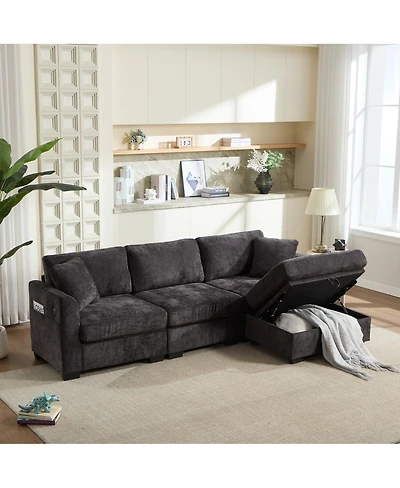 Streamdale Furniture Modern Storage Sofa with Dual Usb, 2 Side Pockets, Ottoman Storage Bench